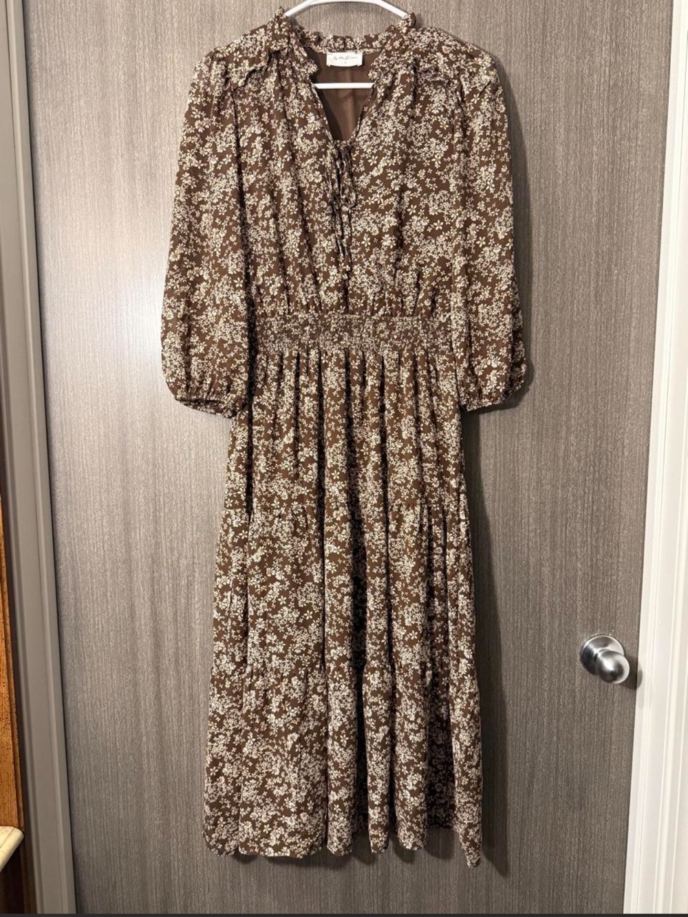 Brown Floral Long Sleeve Maxi Dress with Smocked Waist